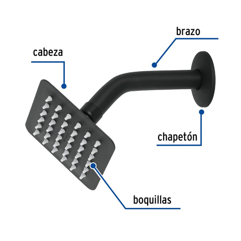 Regadera cuadrada 4', acero inox, con brazo, negro, TÚBIG | R-413M | 47746