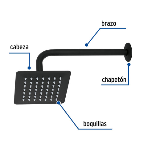 Regadera cuadrada 6', acero inox, con brazo, negro, TÚBIG | R-414M | 47748