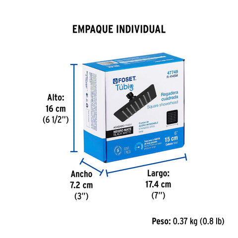 Regadera cuadrada 6', acero inox, sin brazo, negro, TÚBIG | R-414SM | 47749