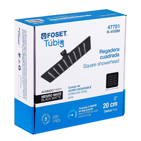 Regadera cuadrada 8', acero inox, sin brazo, negro, TÚBIG | R-415SM | 47751