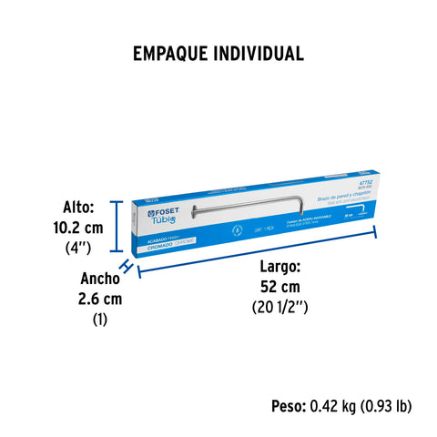 Brazo recto 50 cm con chapetón para regadera, cromo, FOSET | BCH-650 | 47752