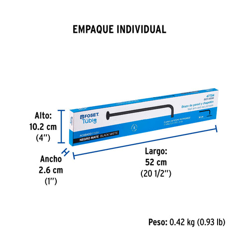 Brazo recto 50 cm con chapetón para regadera, negro mate | BCH-650M | 47754