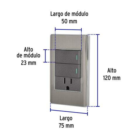Placa armada acero 2 interruptores y contacto 1 mód,Lisboa | PA-APCO-L2A | 47847