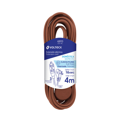 Extensión eléctrica doméstica 4 m clavija plana, café | ED-4C | 48013