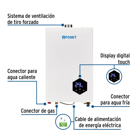 Calentador instantáneo modulante, 14L, 2 serv, gas LP, FOSET | CALE-14IM | 48015