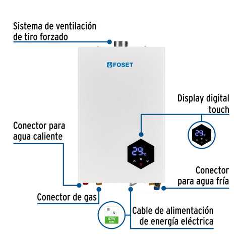 Calentador instantáneo modulante, 16L, 3 serv, gas LP, FOSET | CALE-16IM | 48016