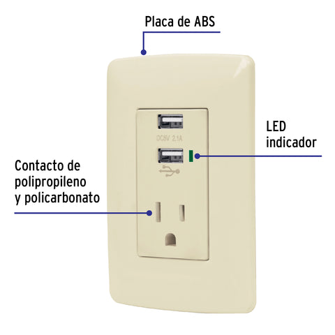 Contacto aterrizado + 2 puertos USB, marfil, línea Italiana | COUSB-I | 48064