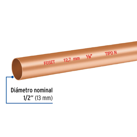 Tubo rígido de cobre 1/2' tipo 'N', 3m, 0.5kg, FOSET | CC-001N | 48151