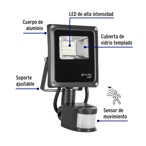 Reflector LED para exteriores 10W 6500K con sensor, VOLTECK | REF-900L | 48228