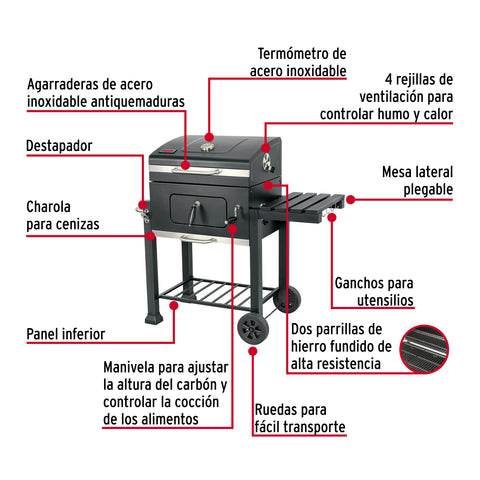 Asador de carbón de 24' con tapa, negro, FIERO | ASCA-24 | 48248