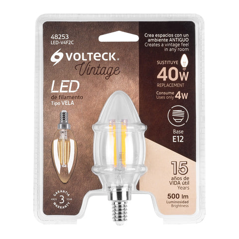 Lámpara LED tipo vela 4 W con filamento base E12 luz cálida | LED-V4F2C | 48253