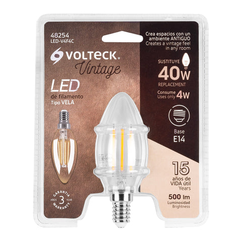 Lámpara LED tipo vela 4 W con filamento base E14 luz cálida | LED-V4F4C | 48254