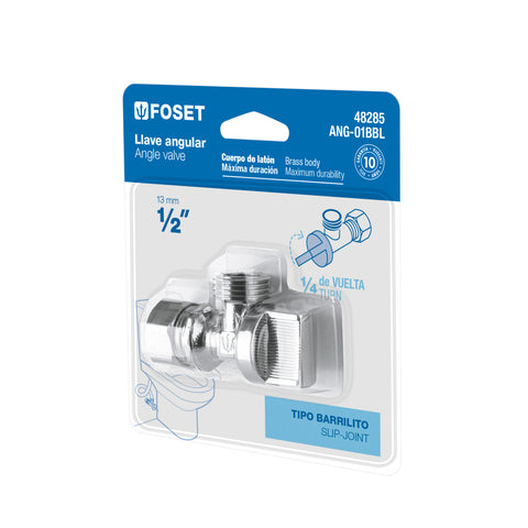 Llave angular 1/2', 1/4 de vuelta, barrilito, blíster, FOSET | ANG-01BBL | 48285