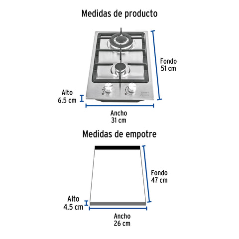 Parrilla gas empotrable 30cm, 2 quem, acero inox, RIVIERA | PAE-302GA | 48320