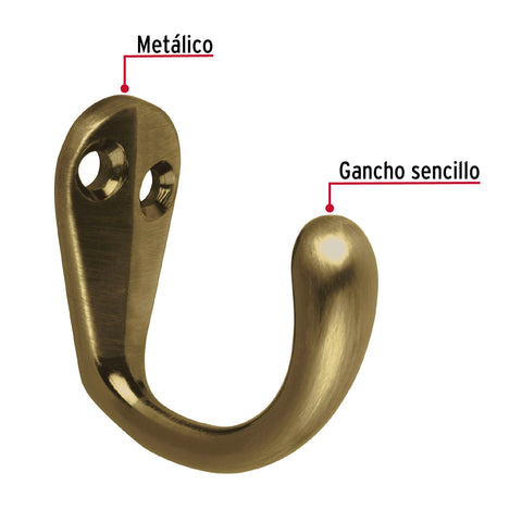 Gancho sencillo tipo perchero, latón antiguo, HERMEX | PEPU-02 | 48351