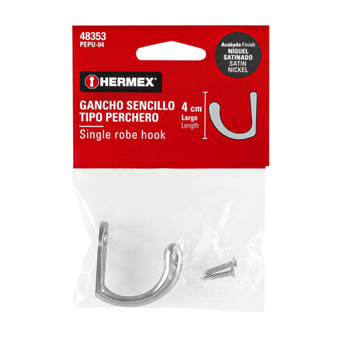 Gancho sencillo tipo perchero, níquel satinado, HERMEX | PEPU-04 | 48353