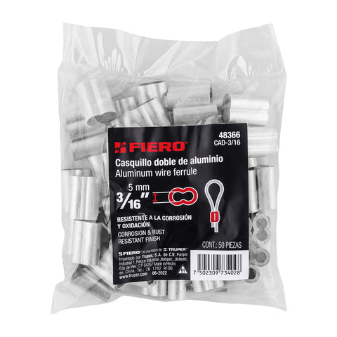 Bolsa con 50 casquillos dobles de aluminio, 3/16', FIERO | CAD-3/16 | 48366