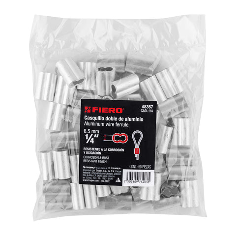 Bolsa con 50 casquillos dobles de aluminio, 1/4', FIERO | CAD-1/4 | 48367