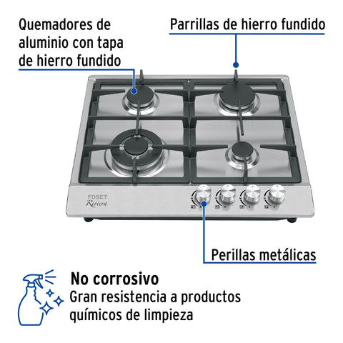 Parrilla gas empotrable 60cm, 4 quem, acero inox, RIVIERA | PAE-604GA | 48406