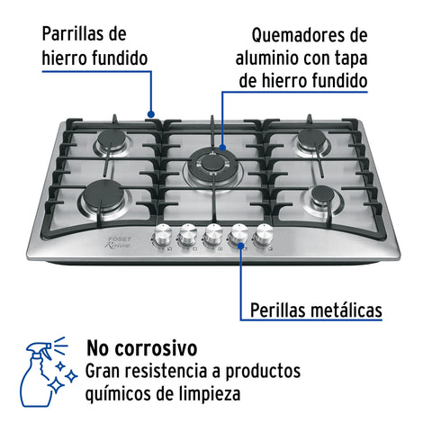 Parrilla gas empotrable 90cm, 5 quem, acero inox, RIVIERA | PAE-905GA | 48407