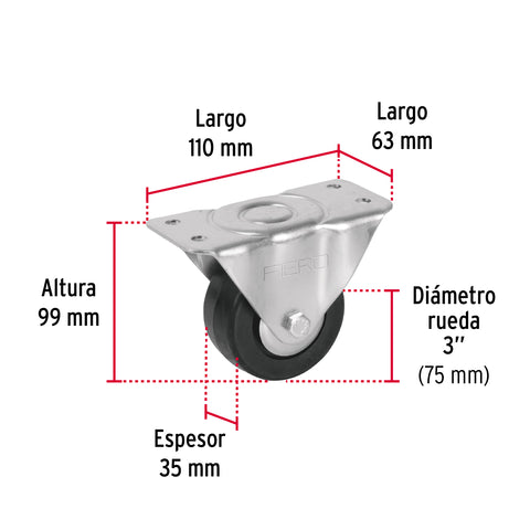 Rodaja hule 3', placa fija con balero, carga 60 kg, FIERO | RO-114 | 48600