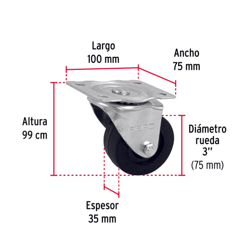 Rodaja hule 3', placa giratoria c/buje, carga 60kg, FIERO | RO-1214 | 48610
