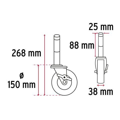 Rodaja hule 6' con espiga sólida y freno, carga 125kg, FIERO | RO-1427F | 48623