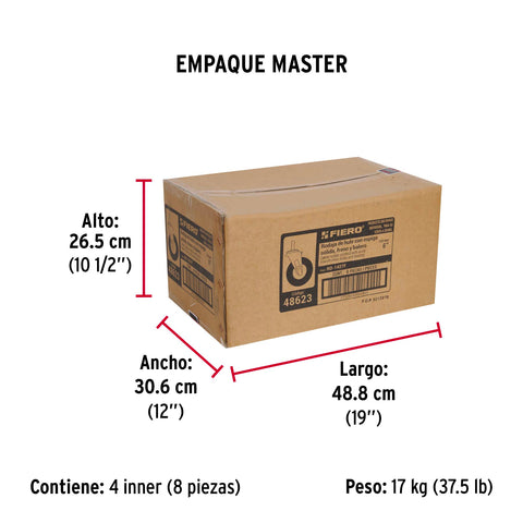 Rodaja hule 6' con espiga sólida y freno, carga 125kg, FIERO | RO-1427F | 48623