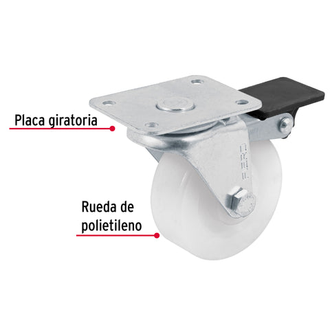 Rodaja de polietileno 2-1/2' placa giratoria con freno FIERO | RO-2211F | 48634