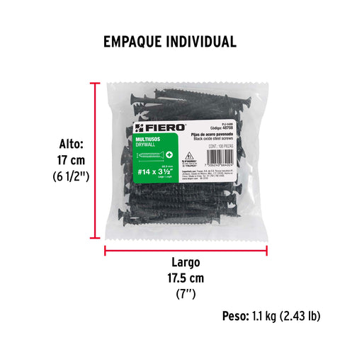 Bolsa con 100 pijas #14 x 3-1/2' multiusos, FIERO | PIJ-1489 | 48708