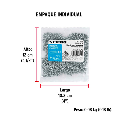 Bolsa con 200 pijas para lámina, #4 x 1/4', FIERO | PILA-4X1/4 | 48710