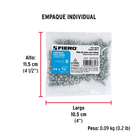 Bolsa con 200 pijas para lámina, #4 x 3/8', FIERO | PILA-4X3/8 | 48711