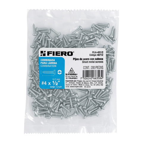 Bolsa con 200 pijas para lámina, #4 x 1/2', FIERO | PILA-4X1/2 | 48712