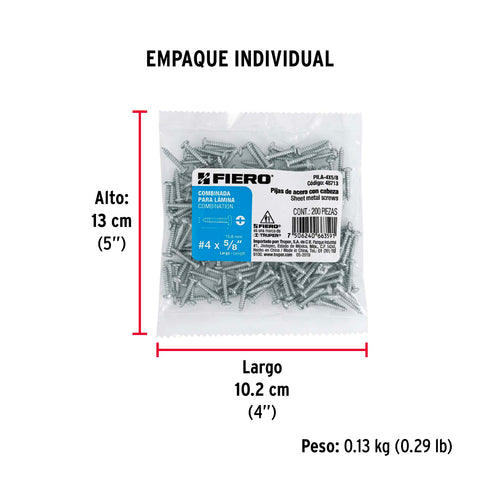 Bolsa con 200 pijas para lámina, #4 x 5/8', FIERO | PILA-4X5/8 | 48713