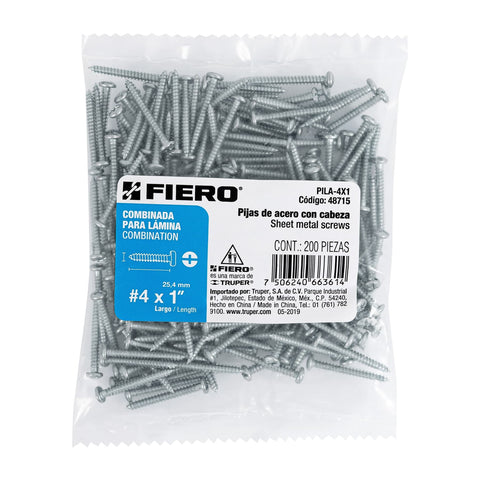Bolsa con 200 pijas para lámina, #4 x 1', FIERO | PILA-4X1 | 48715