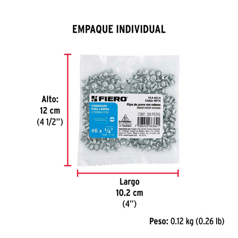 Bolsa con 200 pijas para lámina, #6 x 1/4', FIERO | PILA-6X1/4 | 48716