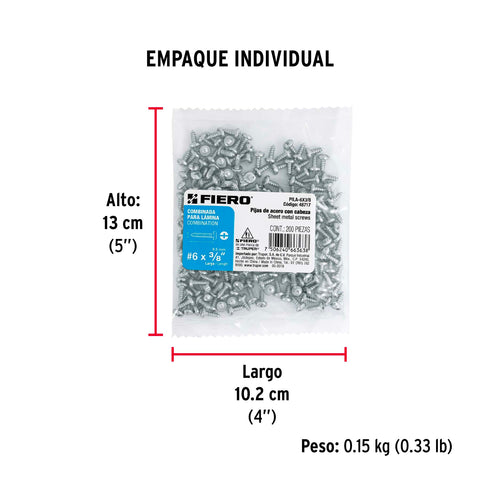 Bolsa con 200 pijas para lámina, #6 x 3/8', FIERO | PILA-6X3/8 | 48717