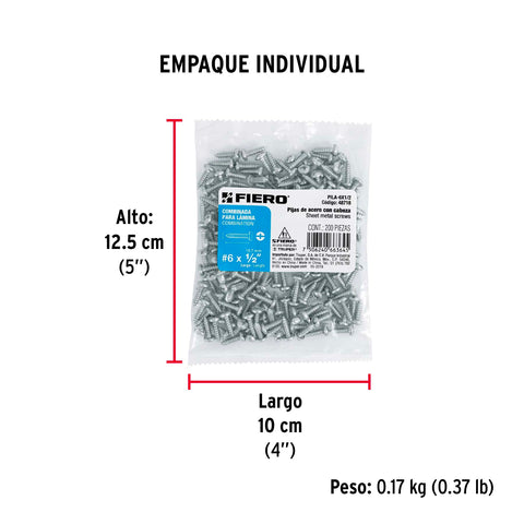 Bolsa con 200 pijas para lámina, #6 x 1/2', FIERO | PILA-6X1/2 | 48718