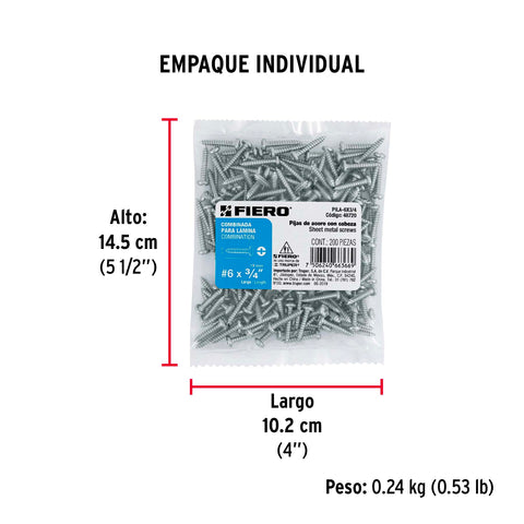 Bolsa con 200 pijas para lámina, #6 x 3/4', FIERO | PILA-6X3/4 | 48720