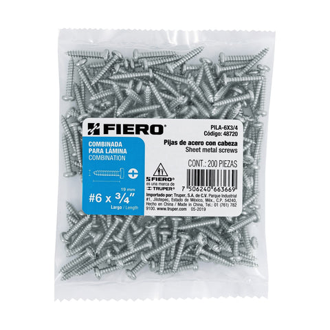 Bolsa con 200 pijas para lámina, #6 x 3/4', FIERO | PILA-6X3/4 | 48720