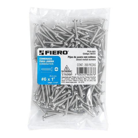 Bolsa con 200 pijas para lámina, #6 x 1', FIERO | PILA-6X1 | 48721
