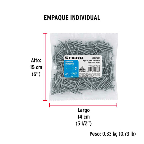 Bolsa con 200 pijas para lámina, #6 x 1-1/4', FIERO | PILA-6X1-1/4 | 48722