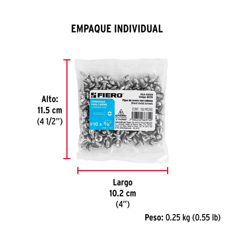 Bolsa con 150 pijas para lámina, #10 x 3/8', FIERO | PILA-10X3/8 | 48726