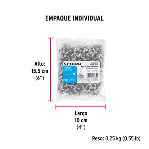 Bolsa con 100 pijas para lámina, #12 x 1/2', FIERO | PILA-12X1/2 | 48729