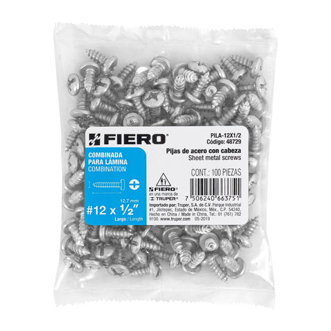 Bolsa con 100 pijas para lámina, #12 x 1/2', FIERO | PILA-12X1/2 | 48729
