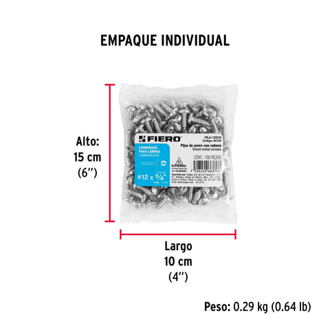 Bolsa con 100 pijas para lámina, #12 x 5/8', FIERO | PILA-12X5/8 | 48730