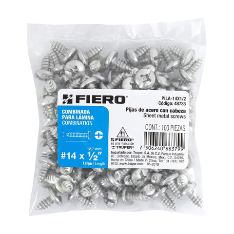 Bolsa con 100 pijas para lámina, #14 x 1/2', FIERO | PILA-14X1/2 | 48733