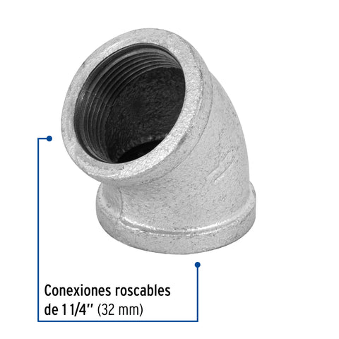 Codo 45° acero galvanizado de 1-1/4', FOSET | CG-864 | 48752