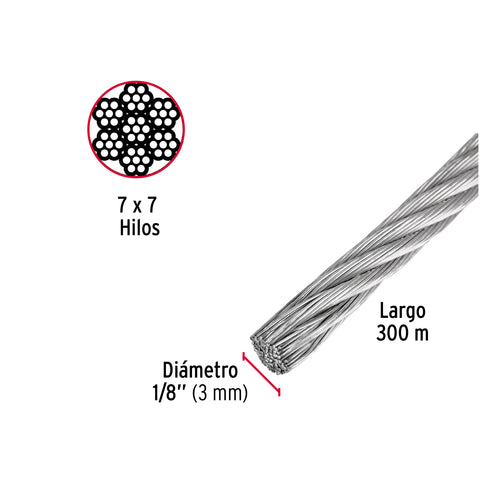 Metro de cable rígido 1/8' de acero 7x7 hilos, 300 m, FIERO | CAB-1/8R3 | 48797