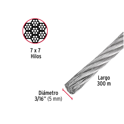Metro de cable rígido 3/16' de acero 7x7 hilos, 300 m, FIERO | CAB-3/16R3 | 48798